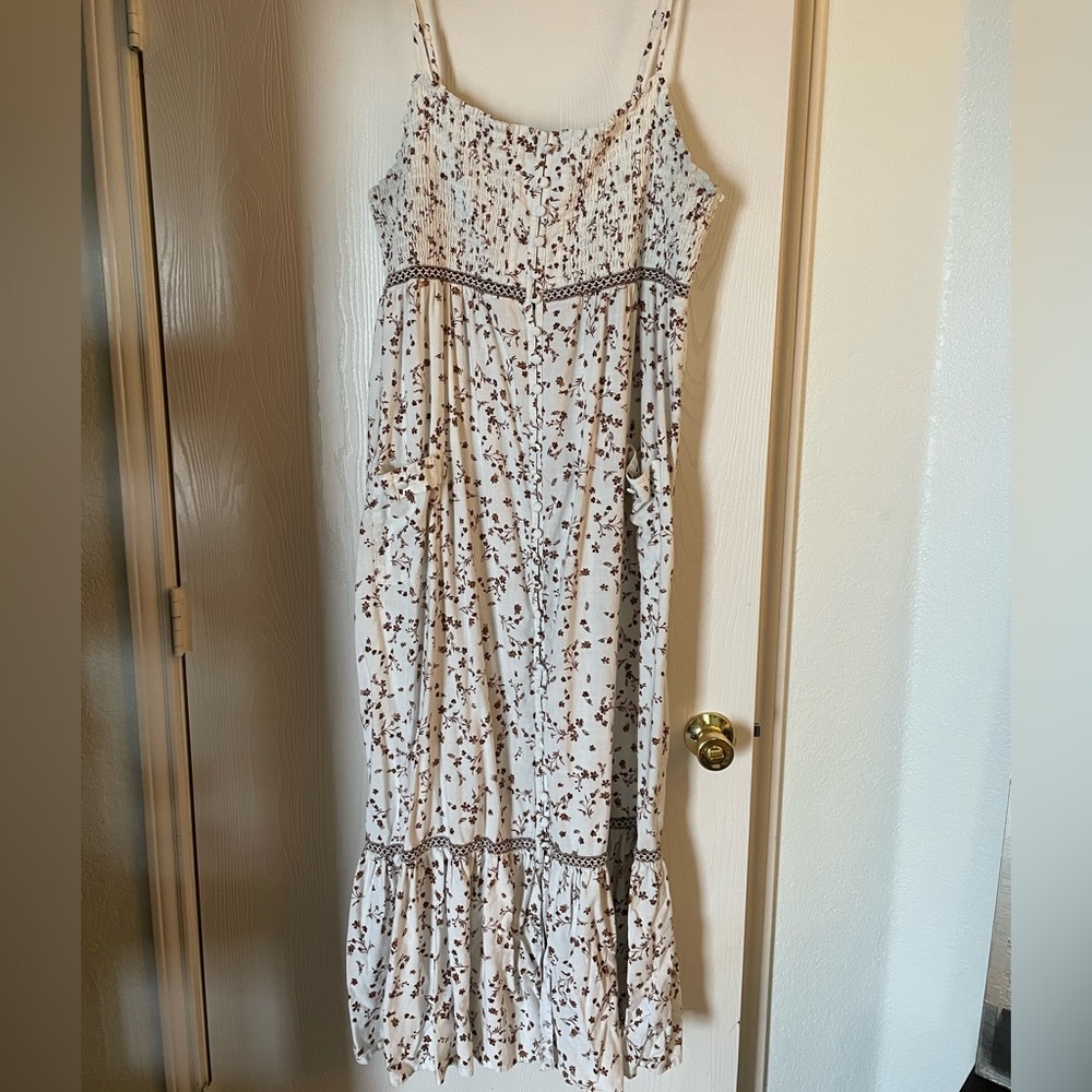 White Floral Maxi Dress - brown flowers smocked chest ruched button down spring